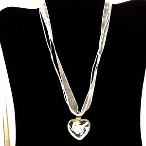 White Ribbon/Corded Necklace with Glass Heart